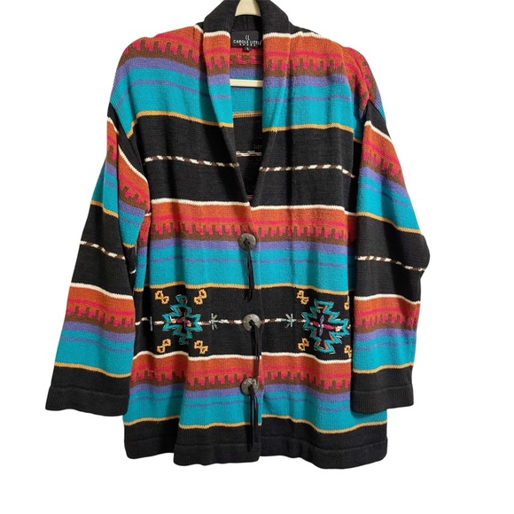 Vintage Carol Little Southwestern Aztec Cardigan | Oversized L/XL Knit Cotton - Picture 1 of 12